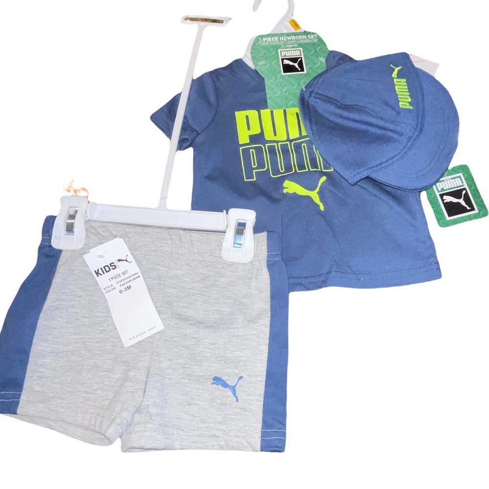 Puma sports attire shorts, tshirt and hat 3 piece‎ newborn 0-3 month set NWT